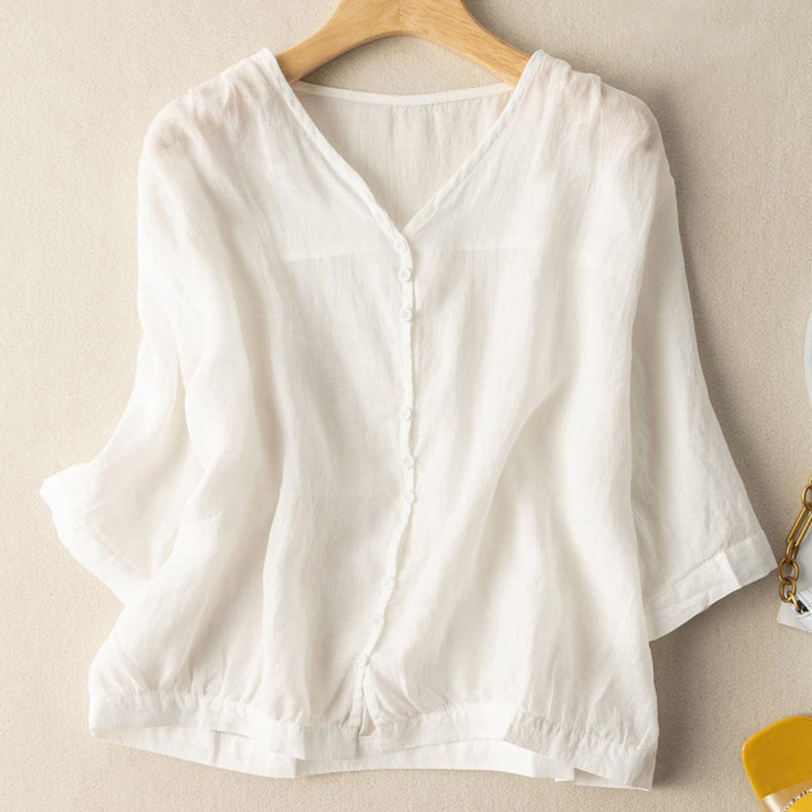 

Женские хлопковые льняные блузки в стиле ретро, женские летние блузки с рукавами 3/4, однотонные топы на пуговицах в корейском стиле, повседневные блузки XXXL белый