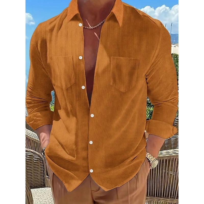 Spring Autumn Men's Long Sleeved Shirt Fashionable Solid Color Lapel Pocket Button Down Tops