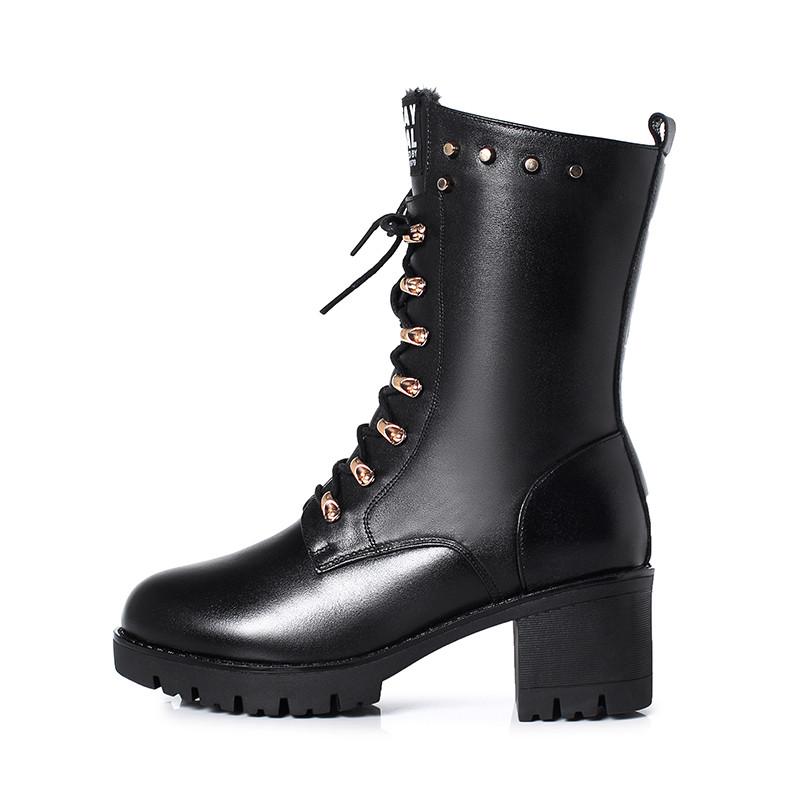 Women Boots Winter Mid-calf Boots Studded Women Marton Boots Genuine Leather Large Size Wool Warm Motorcycle Boots