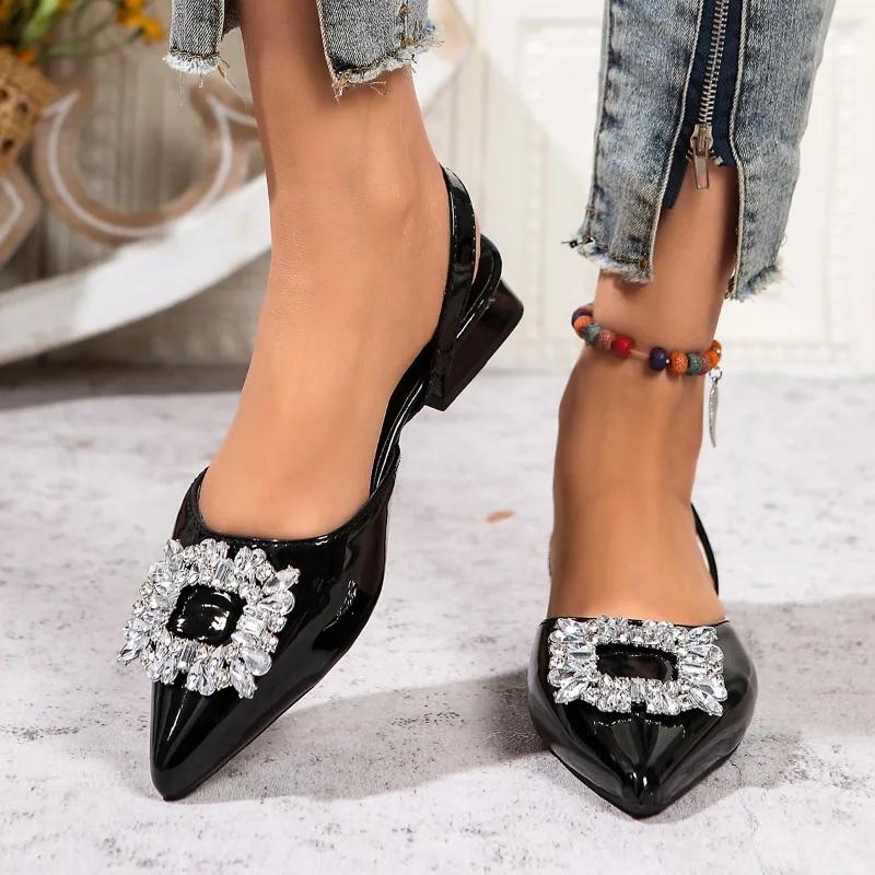 Fashion Black Heeled Sandals Clear Shoes 2025 Women's Black Rhinestone Medium Pointed Closed New Spring Gladiator Girls
