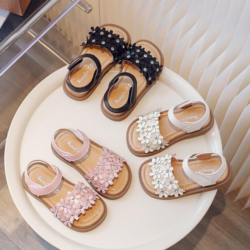 Summer girls' flower sandals, Korean style fashionable princess design, baby sandals with anti-slip soft sole, children's sandals.
