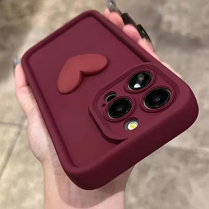 Wine Red 3D Heart Phone Case for iPhone 17 Pro Max Air 16E 11 12 13 Mini 14 15 16 Pro Max XS XR 7 8 Plus SE2 Soft Silicone Cover