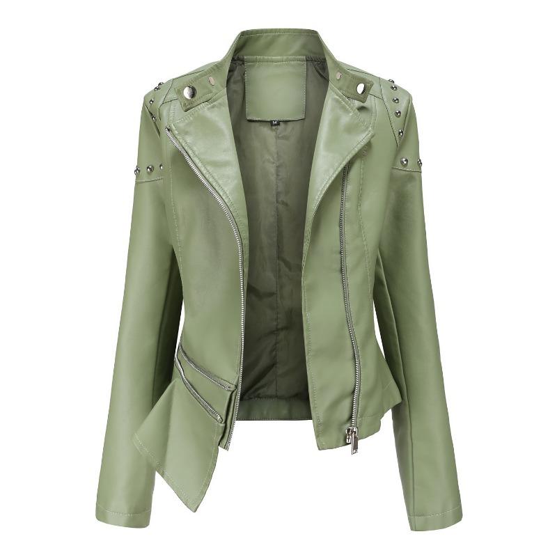 2 Nueva chaqueta de cuero con cuello alto de moda con remaches para mujer, chaqueta de color sólido para mujer, abrigo de primavera y otoño para mujer, chaqueta de cuero con remaches para mujer