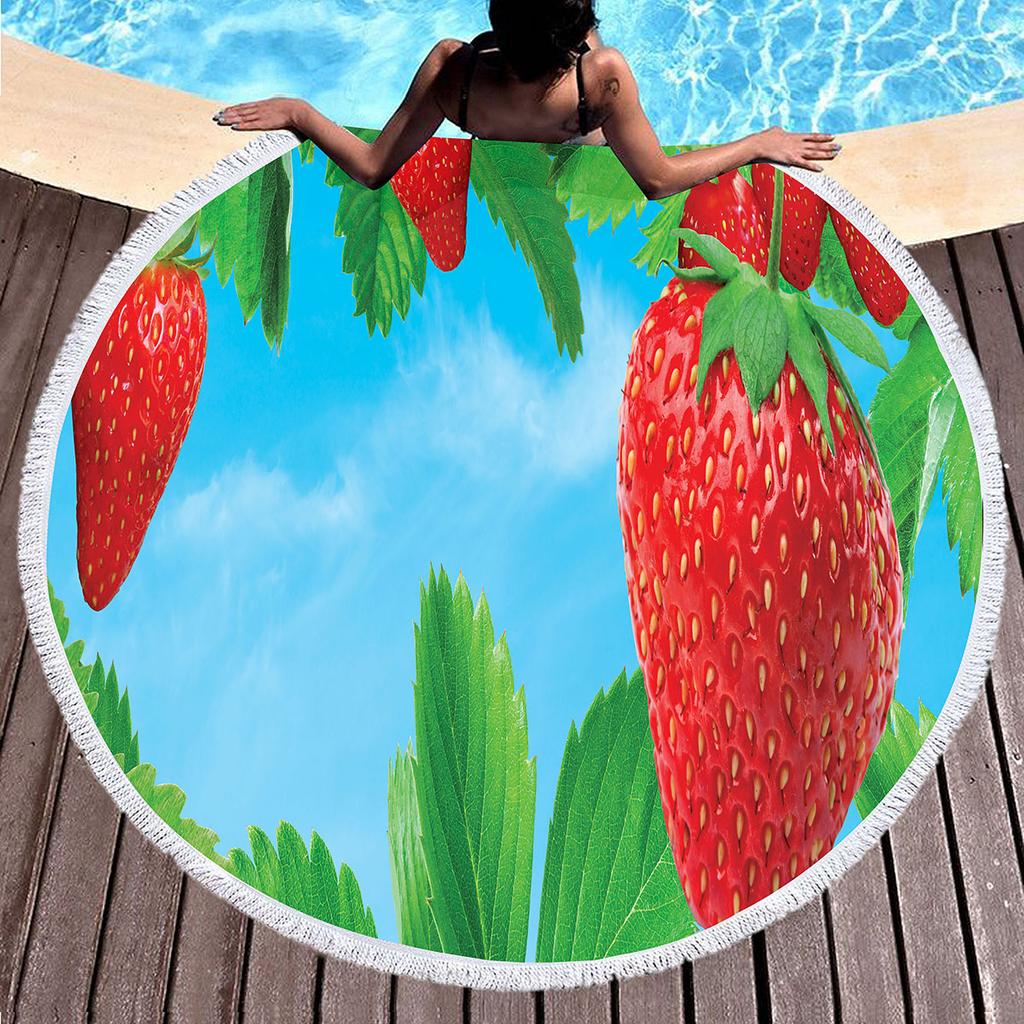 Sweet Cartoon Strawberry Round Beach Towel,Polyester Sand Resistant Beach Blanket,Soft Absorbent Quick Dry Pool Towel Picnic Mat