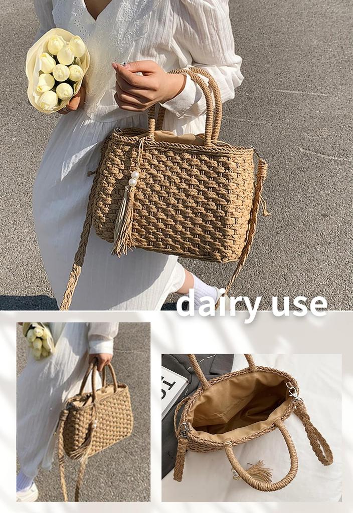 Bag with Shoulder Basket Ladies Barley A4 Large Large Charm [kanaelun] Women's Hand-knitted Drawstring, Handbag, Bag, Bag, Bag, Bag, Straw, Basket,