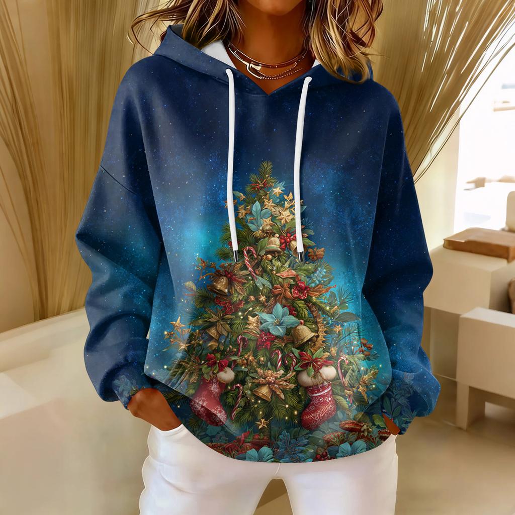 Women's Loose Comfortable Casual Fashion V-Neck Christmas Print Long Sleeve Hoodie