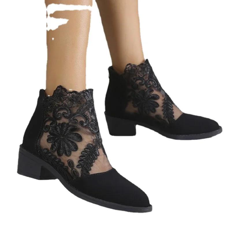 Low Heel Zipper Women's Sandals 2024 Women's Shoes Leopard Embroidered Flower Women's Mid Top High Heel Sandals High Heels