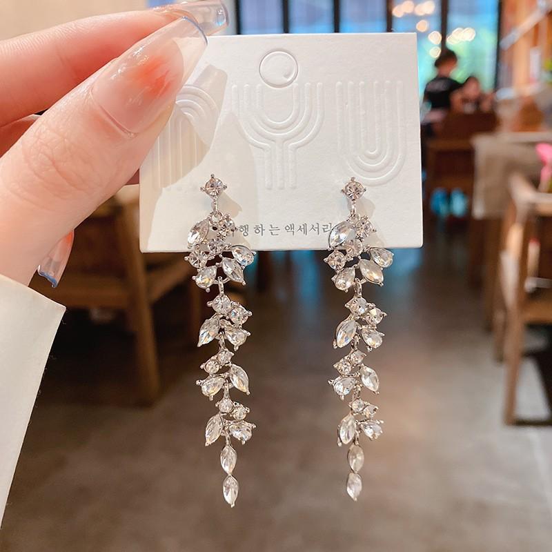 New Trendy Silver Needle Long Tassel Crystal Leaf Ear Hook Female Zircon Ear Hook Female Earrings