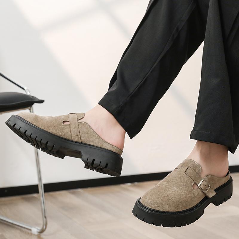 4CM Height Increasing Mules Slippers for Men Fashion Close Toe Slides Home Shoes Outdoor Clogs Suede Leather Platform Sandals