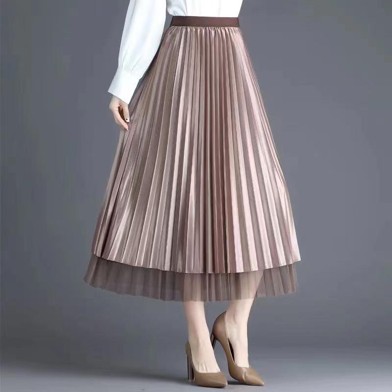 Qooth Summer Autumn Tulle Calf Length Pleated Skirts Simple Casual Slimming A Line Skirt for Women QT2586