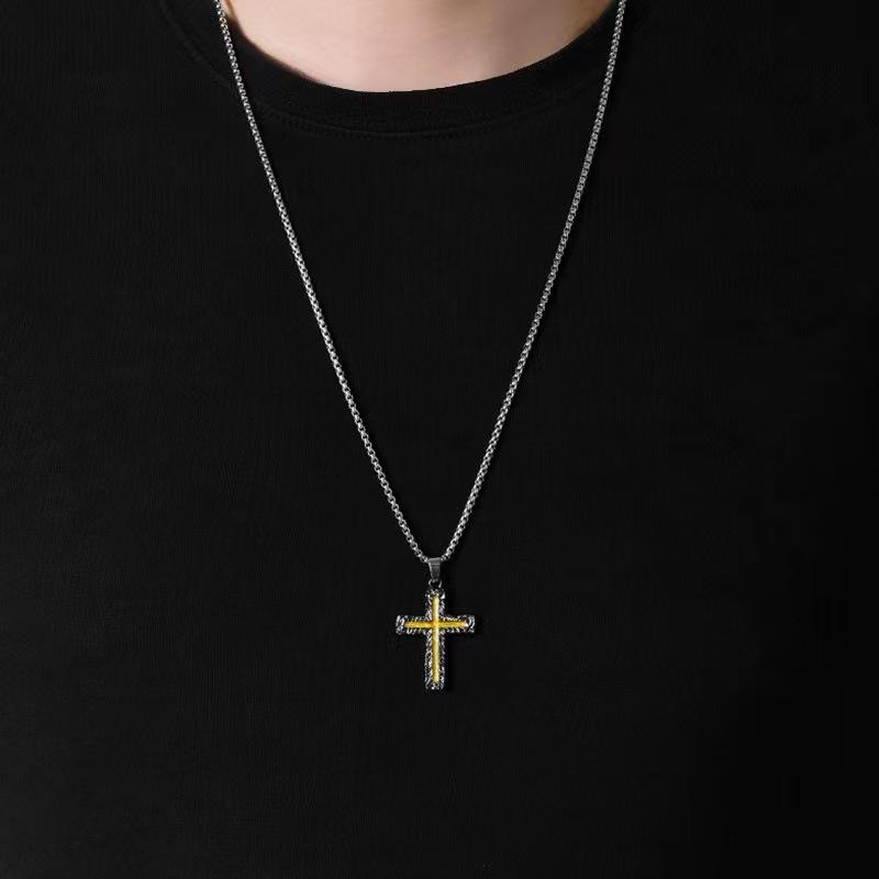 European-American Lava Cross Necklace: Non-Fading, Trendy Two-Tone Titanium Steel Cross Pendant for Men.