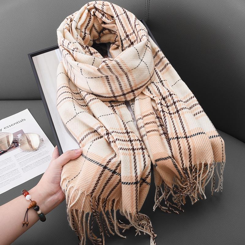 Höst Och Vinter Studentmode Randig Ram Rutig Halsduk Japansk Och Koreansk Dam Kasmir Fransad Varm Sjal Halsduk