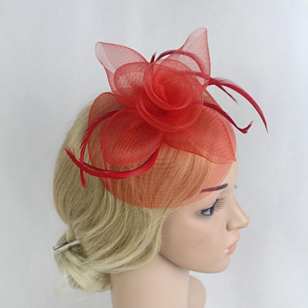 Flower Feather Fascinator Hairpin Mesh Veil Hat for Weddings Races Day Party Prom Cocktail - Red