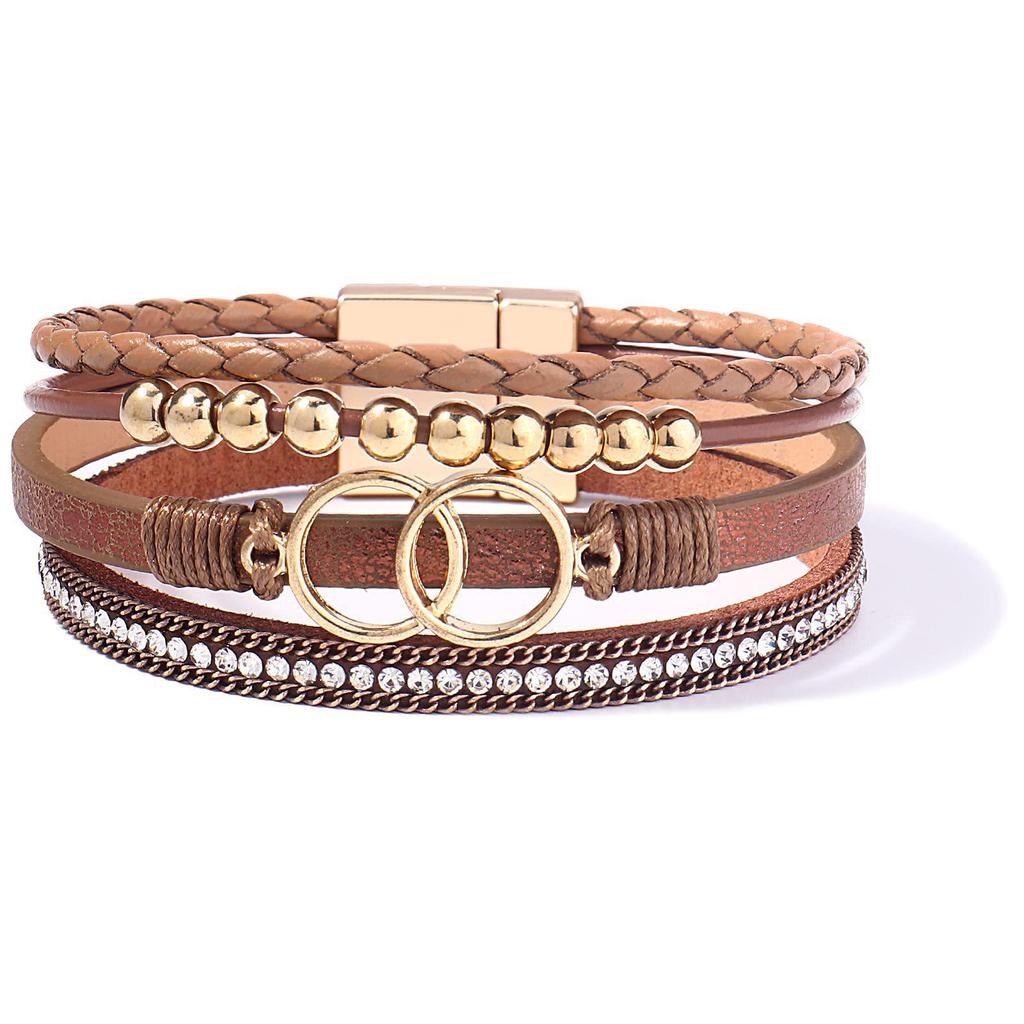 Damen Handgefertigtes Geflochtenes Lederarmband mit Doppelring Magnetverschluss und Strasssteinen