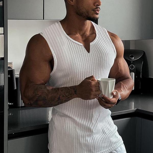 New Men Summer Tank Top Solid Color Sleeveless Vest Tops Gym Fitness Workout Clothes V-Neck Athletic Shirt Muscle Training Bodybuilding Tank Tops