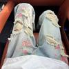 American Floral Ripped Jeans Men's Summer Design Sense Fried Street Ruffian Handsome Pants High Street Loose Straight Beggar Pants