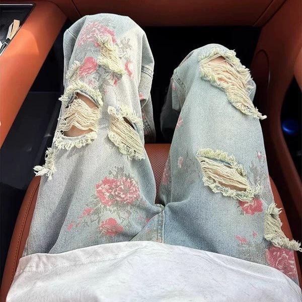 American Floral Ripped Jeans Men's Summer Design Sense Fried Street Ruffian Handsome Pants High Street Loose Straight Beggar Pants