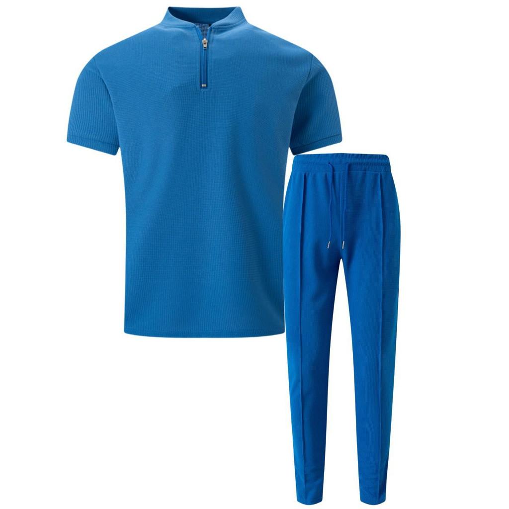 Summer 2025 Men's Waffle Knit Stand Collar Zipper Top and Long Pants Set - European & American Style