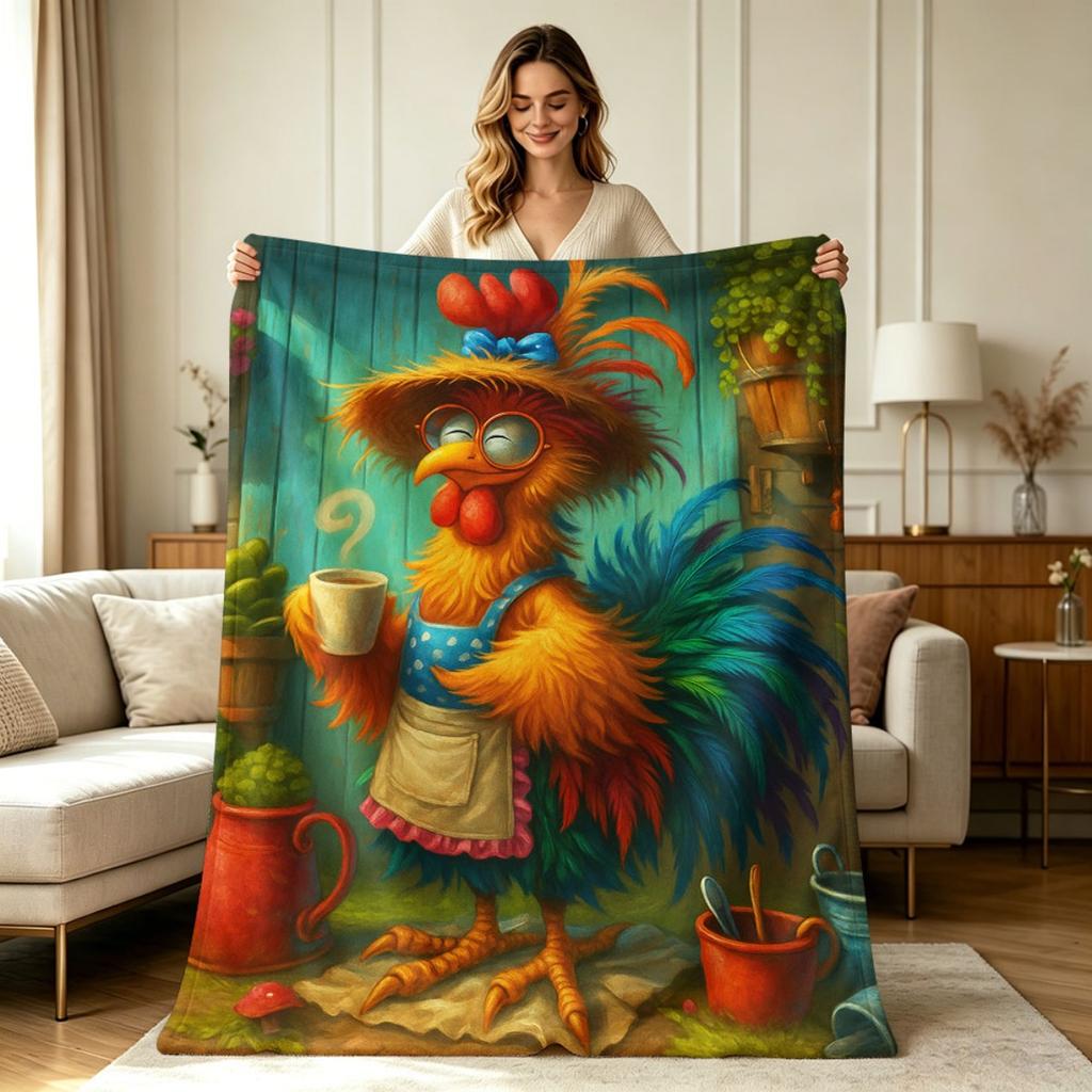 All Season Flannel Blanket with Cute Rooster Gardening Morning Coffee Print Soft Warm Throw Blanket for Sofa Couch Bedroom Living Room Office Home Dec