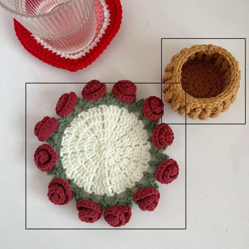Diy Rose Bouquet Coaster Material Kit Handmade Crochet Flower Placemat Cupmat Home Desktop Potted Plant Ornaments Gift