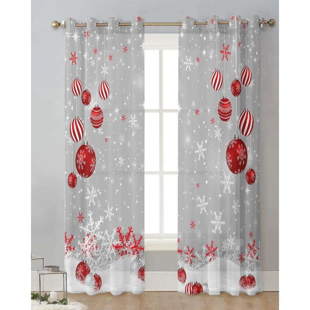 Christmas Red Xmas Ornament Snowflakes Grey Yarn Curtain Window Netting Curtains For Living Room Kitchen Sheer Sheer Fabric Curtains