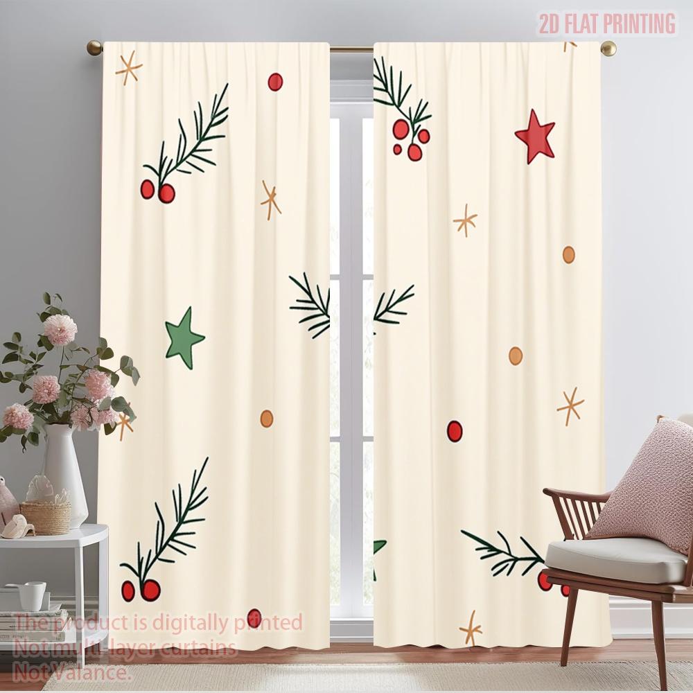 

2pcs,2D plane printing Light Filtering Curtains Christmas Berry Twig Star Versatile Polyester Fabric (without rod) Decorations 52.50×116.00 CM 2pcs