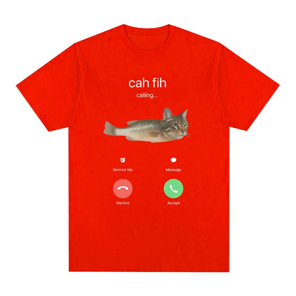 Cah Fih Meme TShirt Funny Calling Cat Fish Hybrid Meme T Shirt Absurd Humor Internet Culture Gift Short Sleeves Tshirts