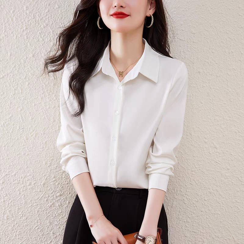 Women Satin Long Sleeve Solid Color Commute Professional Business Button Down Shirt