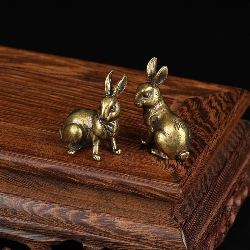 1Pair Lucky Rabbit Statue Ornaments Antique Copper Zodiac Vintage Solid Brass Animal Miniature Figurine Tea Pet Desk Decor