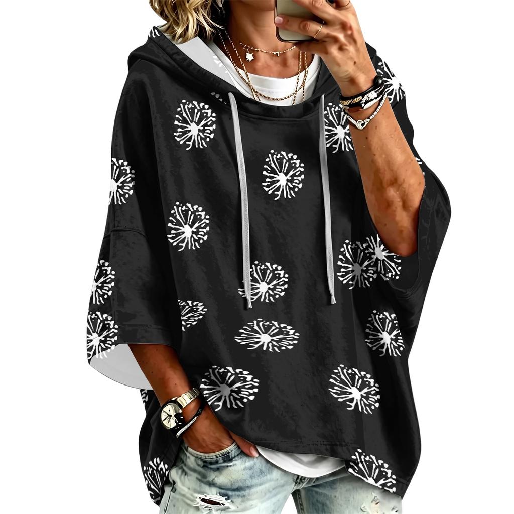 Women's Fashion Polka Dot Print Hooded Pullover Top with 3/4 Sleeves