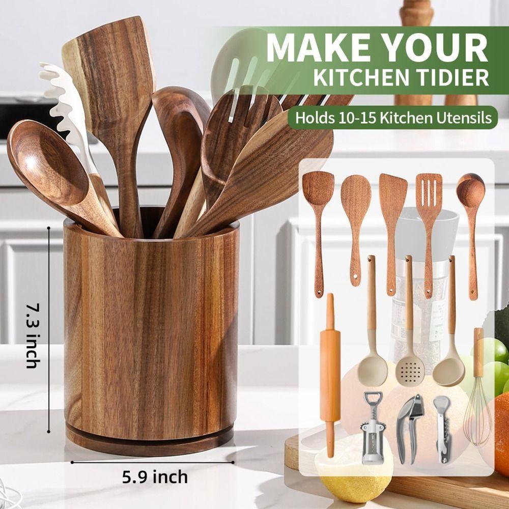 360° Rotating Cutlery Holder Wooden Storage Rack New Kitchen Utensil Holder  Countertop Use