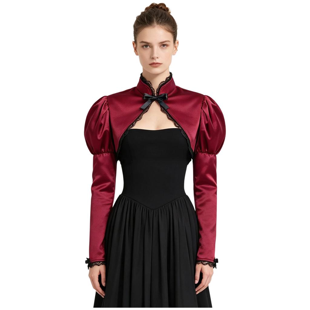 Women Victorian Gothic Bolero Shrug Floral Lace Trim Stand Collar Long Puff Sleeve Front Lacing Crop Cardigan Shawl for Vampire Cosplay Costume