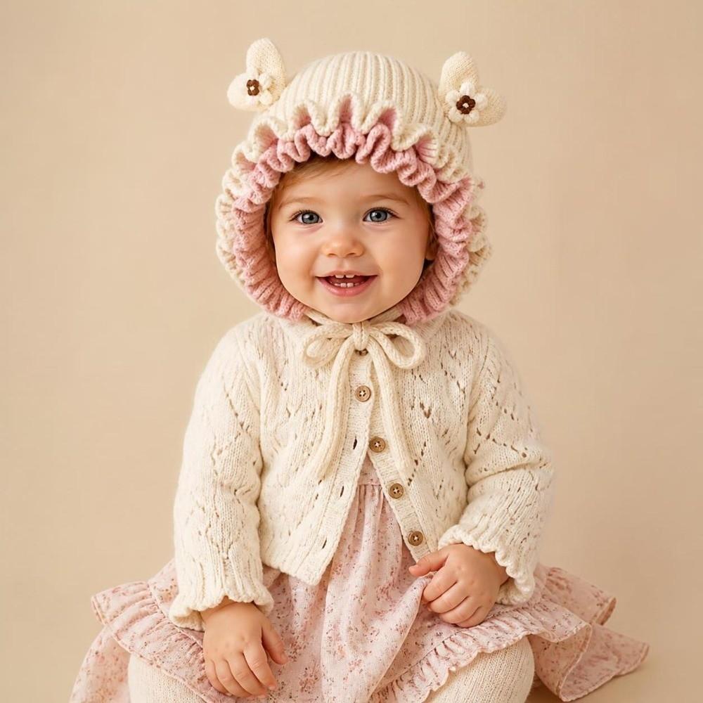 Elastic Soft Princess Knitted Hat Lace Ruffle Trim Ear Protection Hat Baby Toddlers