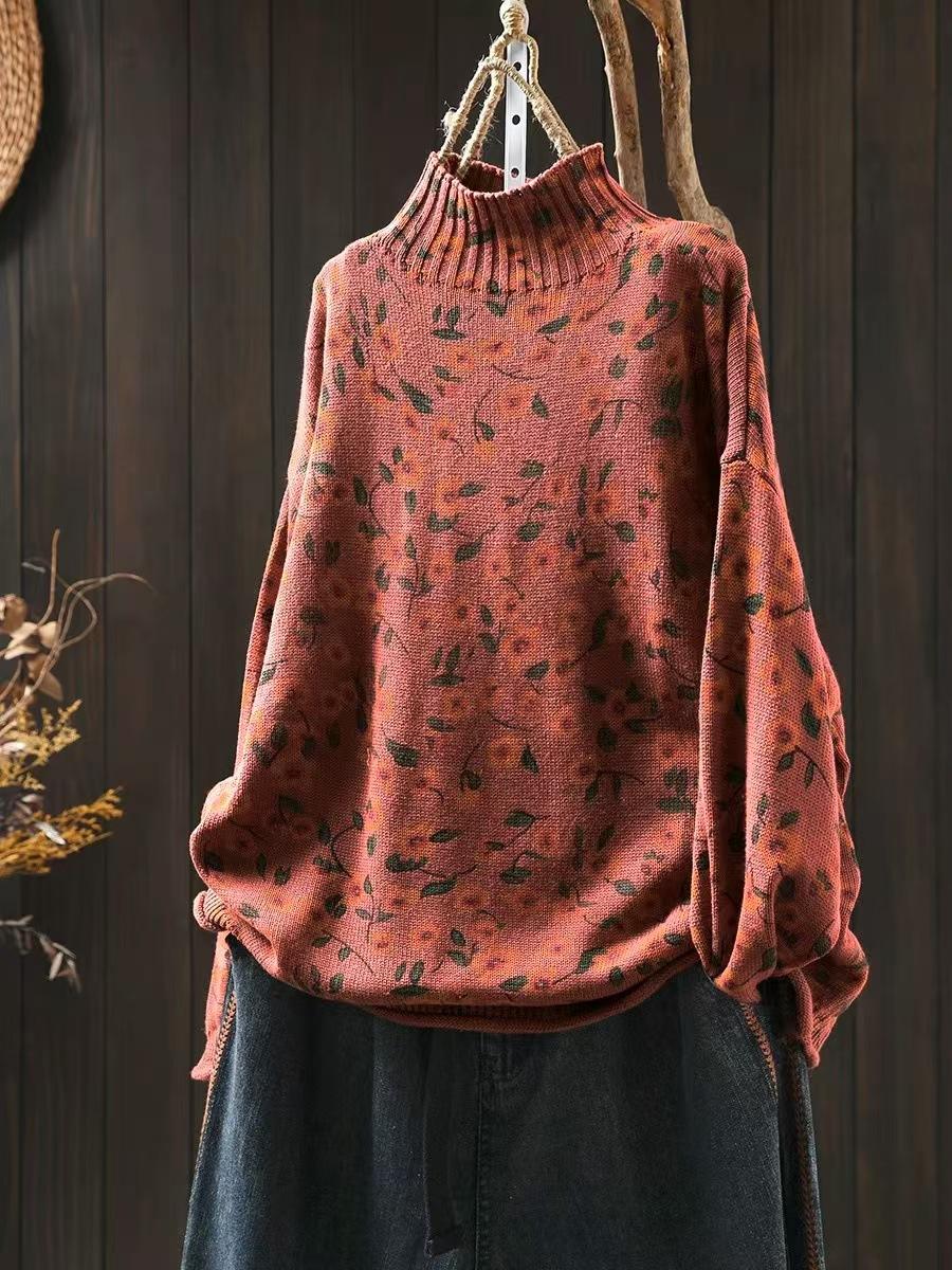 

Johnature Женский зимний принт Свободный ленивый свитер с длинными рукавами в китайском стиле Повседневный свитер с воротником-стойкой One Size красный