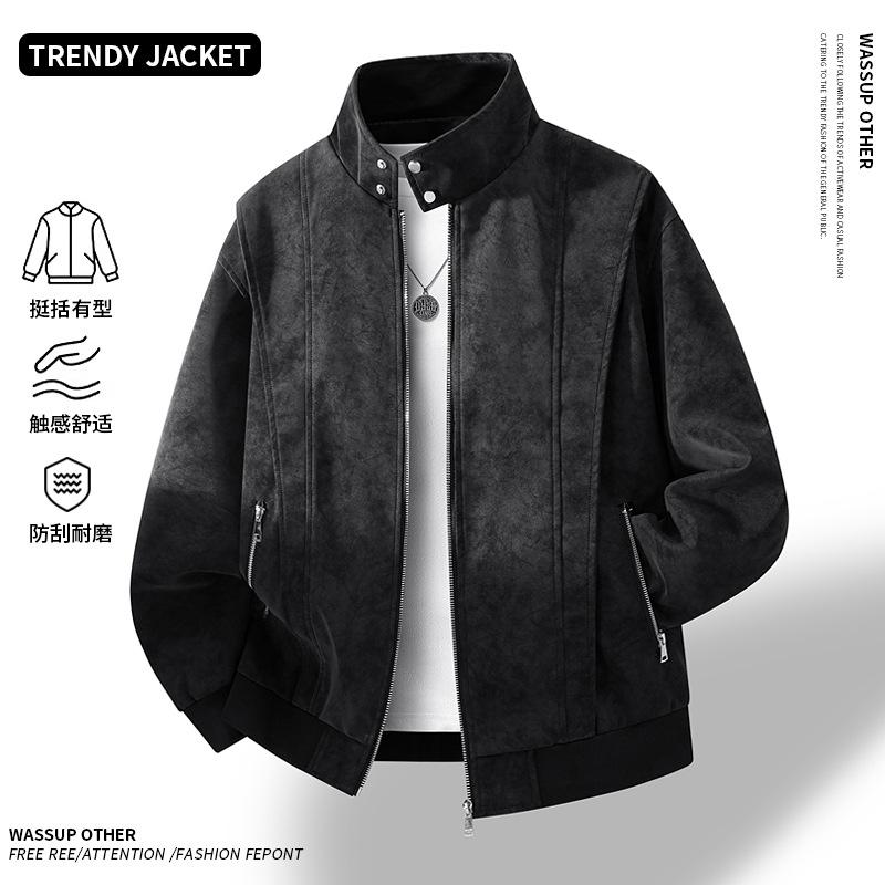 Light Luxury Men's Leather Jacket Suede Stand-up Collar Large Size Business Loose Douyin Explosive Leather Jacket Men