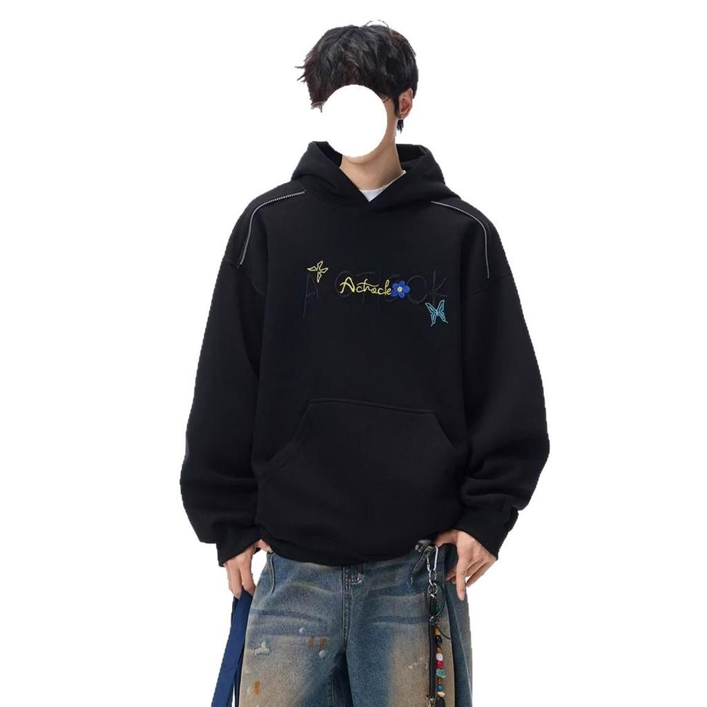 Men's Autumn/Winter American Letter Embroidered Hooded Sweatshirt - Loose Fit, Plus Velvet, Thickened Heavyweight Casual Hoodie Jacket
