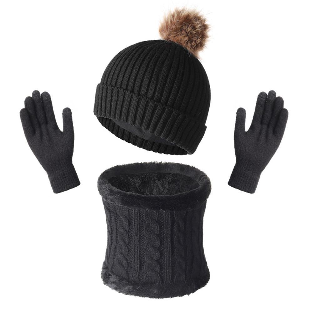

3pcs/set Soft Big Hair Ball Winter Knitted Hat Thicken Keep Warm Winter Hat Set Solid Color Warm Pullover Hat Women чорний