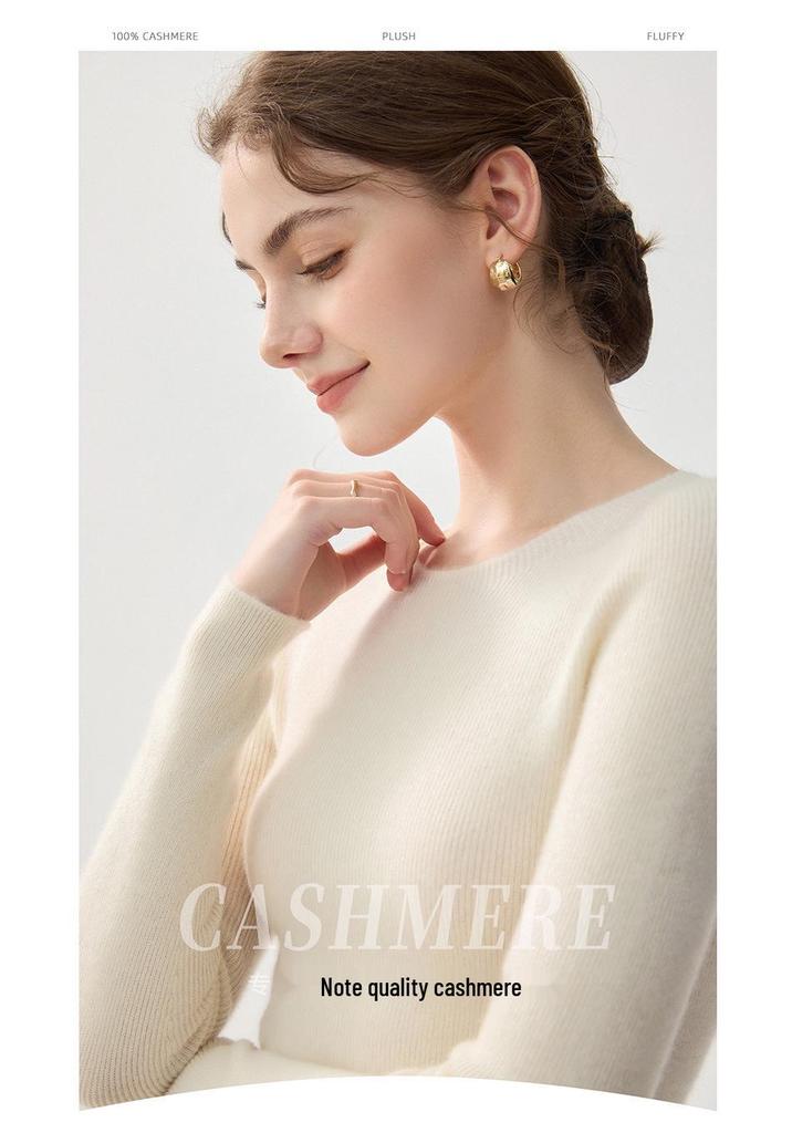 100% Pure Cashmere Slim Fit Women's Round Neck Knit Sweater for Autumn and Winter