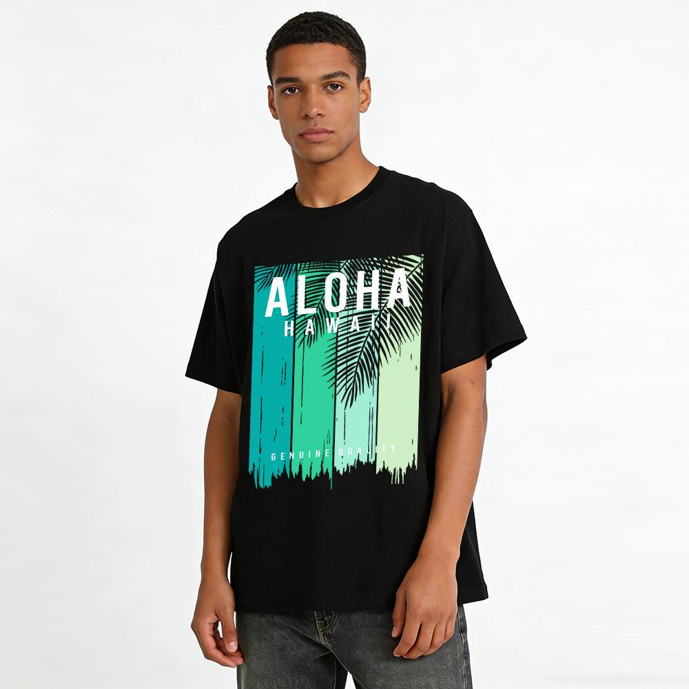 Aloha Hawaii Print Gradient Short Sleeve Casual Vacation T-Shirt Pure cotton T-shirt