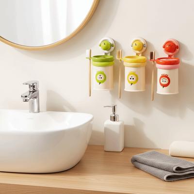 Space Saving Suction Cup Toothbrush Holder Cartoon Plastic Magnetic Mouthwash Cup Detachable Wall-Mounted Holder