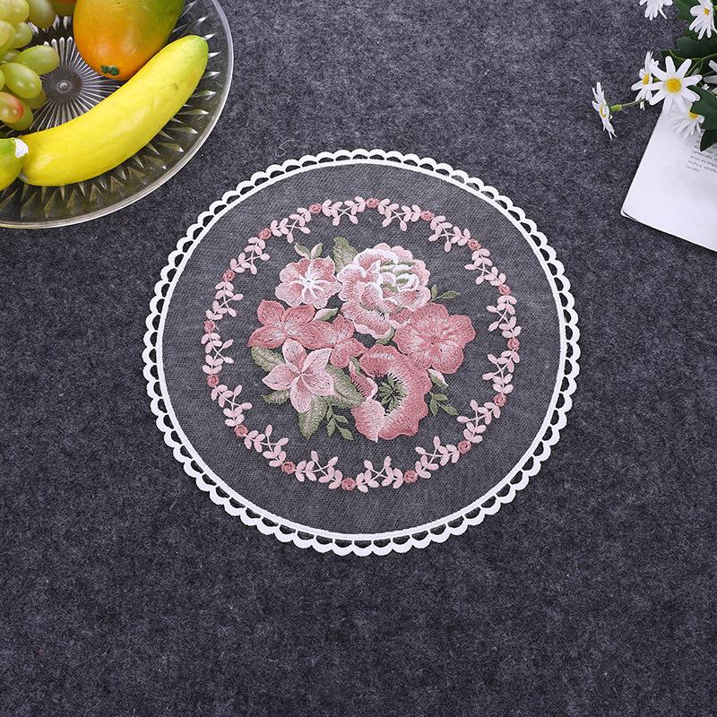 European Round 3D Embroidered Transparent Coaster Placemat Coffee Cup Wine Glass Non-slip Pad Party Barware Flatware Decoration