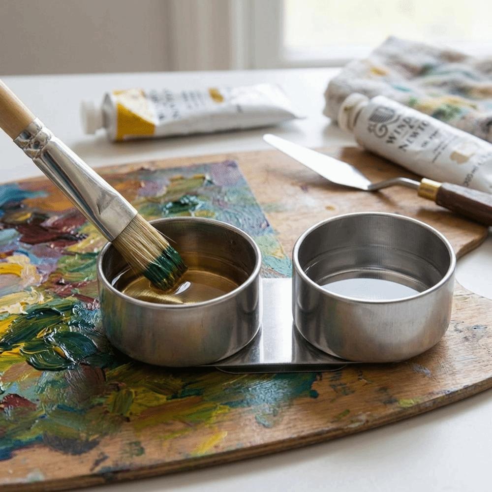 Dubbele Kamer Olieketel met Deksel Metalen Schildermedium Beker Olieverfpot Olieverf Creatie