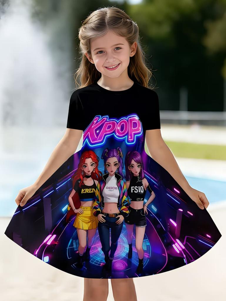 Kpop Cartoon Grafikkleid für Mädchen Lustiges Geschenk für Fans Harajuku Mädchen Kleidung Sommer Oberteile Kurzarmkleid Kinderkleidung