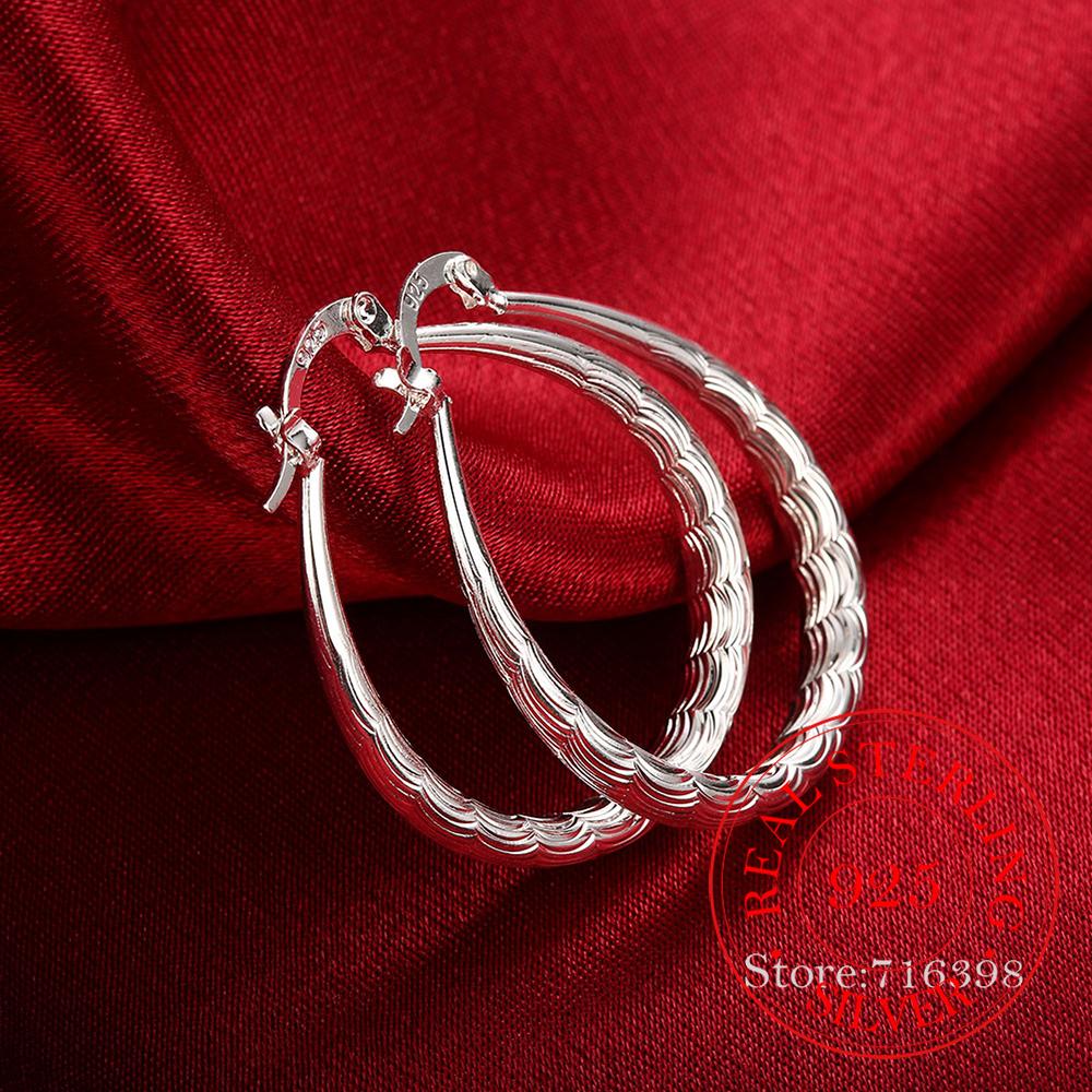 Original 925 Sterling Silver Corrugated Big Huggie Earrings For Woman Fashion Charm Christmas Jewelry Gift