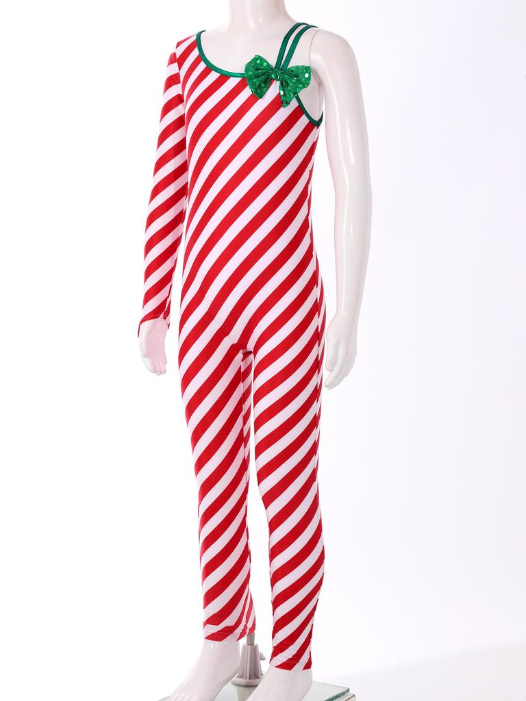 Girls Christmas Candy Cane Striped Unitard One Shoulder Long Sleeve Jumpsuit Ballet Dance Performance Costume