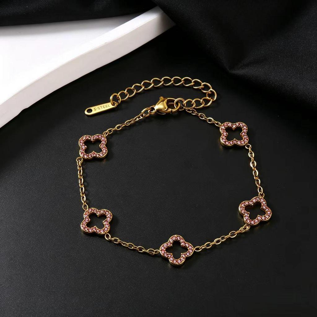 Luxurious Diamond Clover Titanium Steel Bracelet with 18K Gold Zirconia for Women