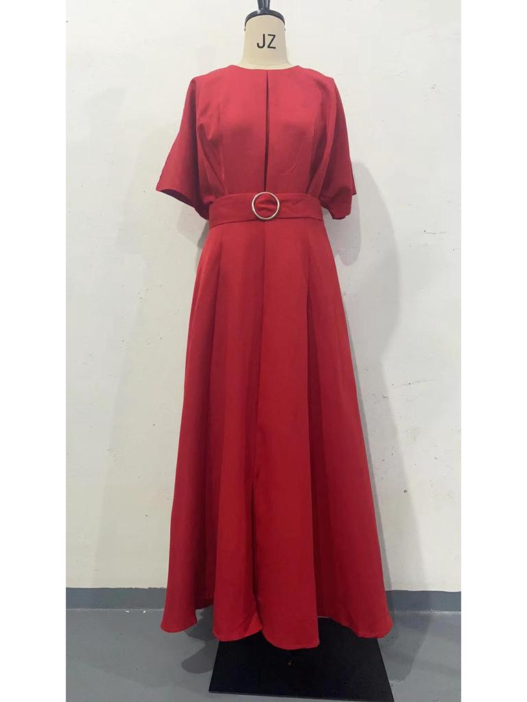 European & American Solid Color Round Neck Short Sleeve Slim Fit Long Dress with Waist Belt