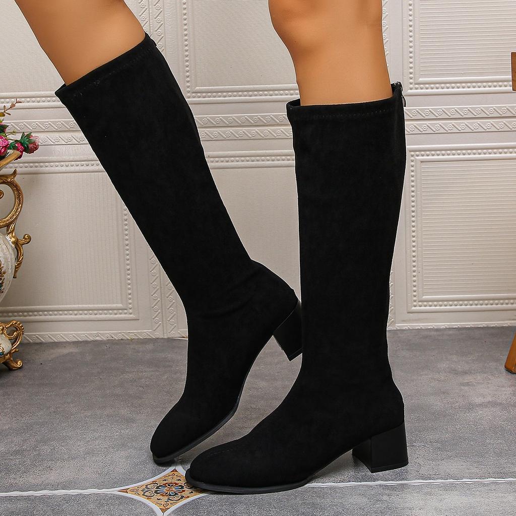 Fashion New Style of Suede Round-toed Chunky High Boots, Chunky Round-toed Boots That Don't Reach the Knees, Slim Boots