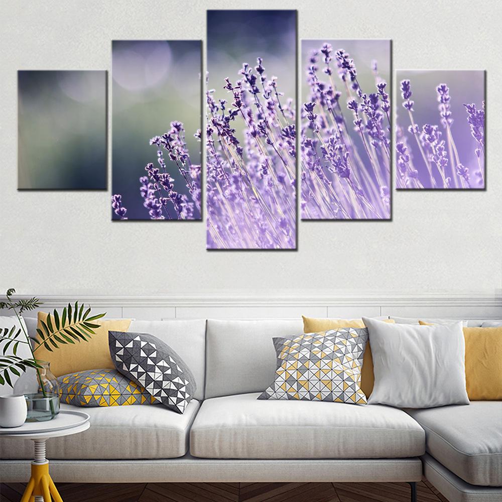 5 Pieces Colorfull Canvas Wall Arts Poster Painting Flowers  Lavender Flowers Bokeh Wallpaper Modular Decorative Picture Artwork No Frame