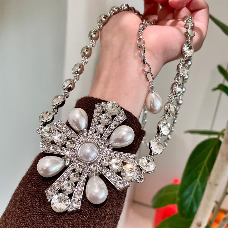 Silver Pearl Petal Waist Chain Necklace with Diamond Accents